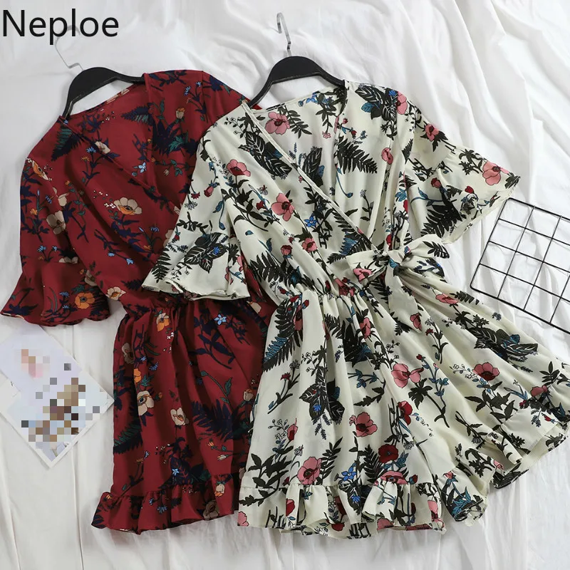Женские комбинезоны с цветочным принтом Neploe Boho шифоновые боди v образным вырезом