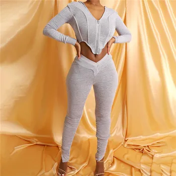 

Autumn Women Casual Two Piece Sets Pleated Cardigan Hooded Tops Long Pants Tracksuit Leggings Workout Sport Suit Outfits