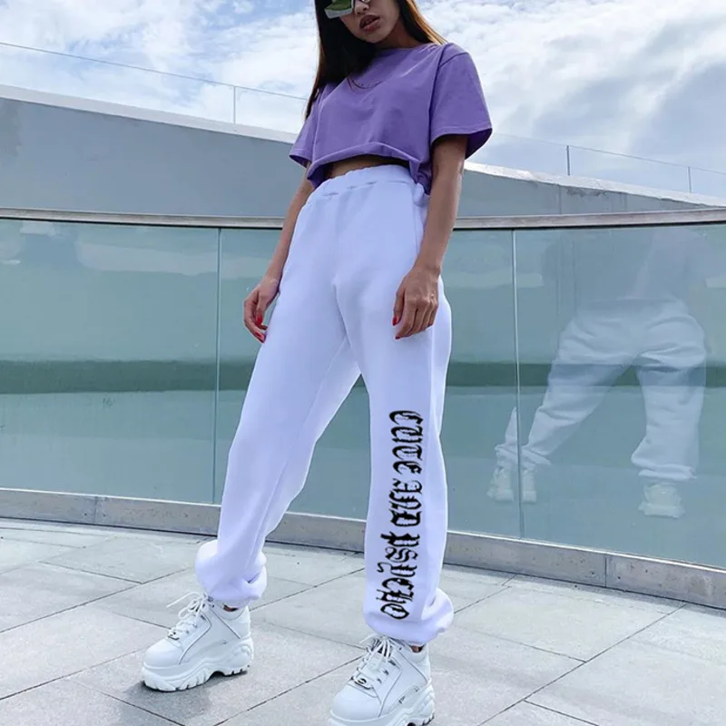 

XUXI Left Leg Letter Contrast Printing Casual Pants Women High Waist Loose Autumn 2020 Fashion Streetwear Harem Trousers FZ2511