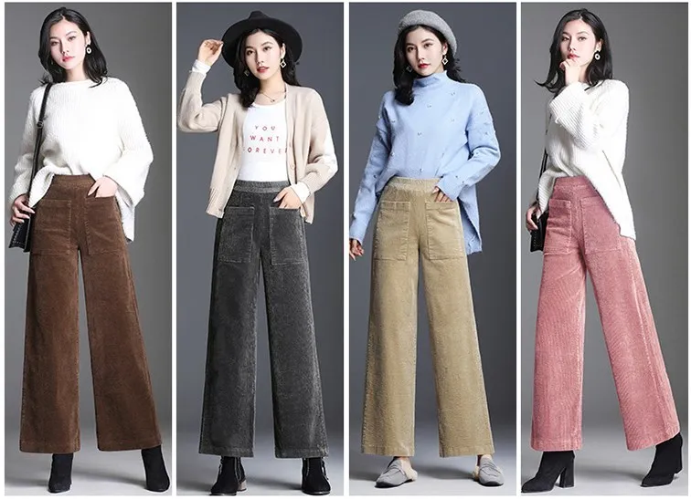 Женские осенние зимние широкие вельветовые брюки для женщин корейские эластичные талии с колокольчиком, женские полосатые длинные брюки