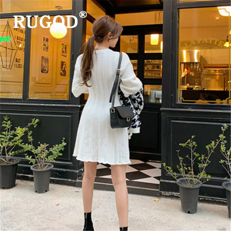 RUGOD шикарное простое ретро мини-платье, однотонный топ с длинными рукавами для женщин, трикотаж, повседневные женские платья, сборная Талия, рукав-фонарик