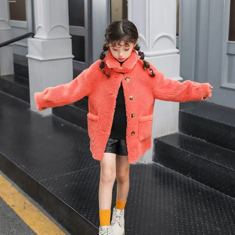Г., новая осенне-зимняя детская оторочка из овечьей шерсти для девочек, пальто, куртки теплая плотная верхняя одежда из натуральной шерсти для девочек N67 - Цвет: orange