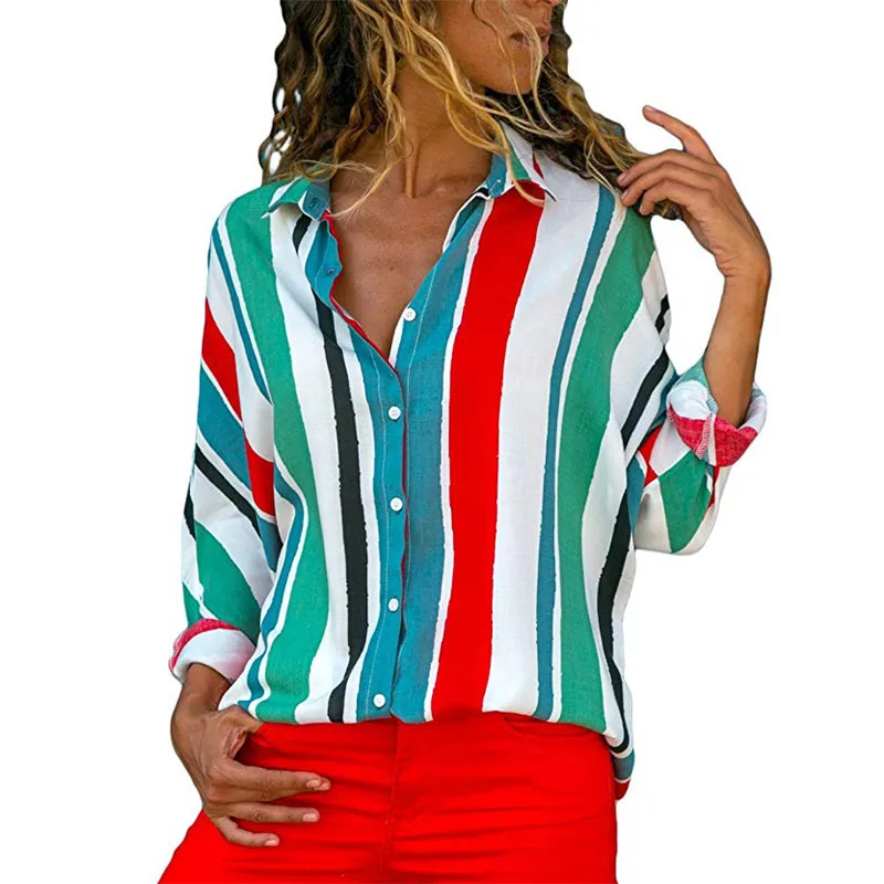 Плюс размер Свободная Женская блузка с длинным рукавом в полоску открытые женские Топы Женская рубашка пакет бедра Длинная блузка летняя шифоновая блуза 3XL - Цвет: 3-7325-2 green