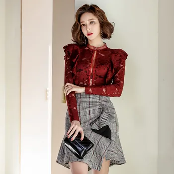 

Fashion 2 Set Autumn And Winter 2019 New Round Neck Hollow Out Lace Shirt Top + High Waist Ruffled Plaid Skirt Two-Piece Set