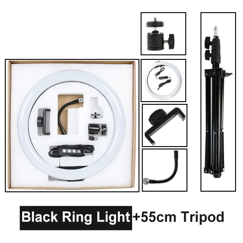 Black (55cm tripod) 1" Диммируемый фотографический светильник ing светодиодный кольцевой светильник 26 см кольцевая лампа с подставкой Штатив для Youtube Макияж Видео Live Studio - Цвет: Black (55cm tripod)