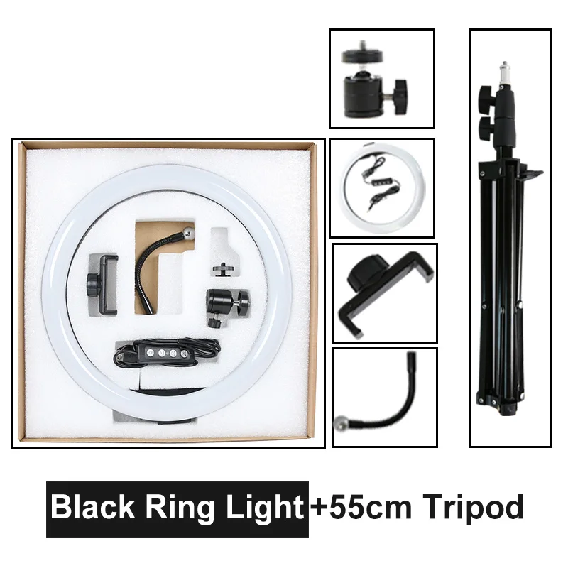 1" Диммируемый фотографический светильник ing светодиодный кольцевой светильник 26 см кольцевая лампа с подставкой Штатив для Youtube Макияж Видео Live Studio - Цвет: Black (55cm tripod)
