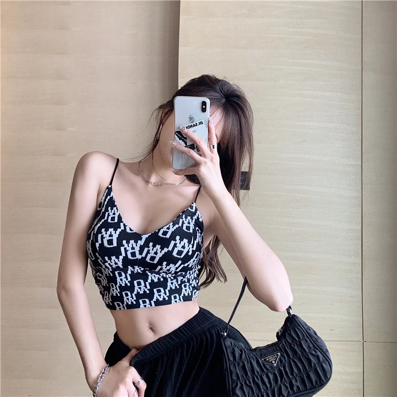 Casual Letter Print Sling Ice Silk Comfortable Belt Chest Pad Wrapped Chest, Summer Cropped Sleeveless Cop Top cotton camisole