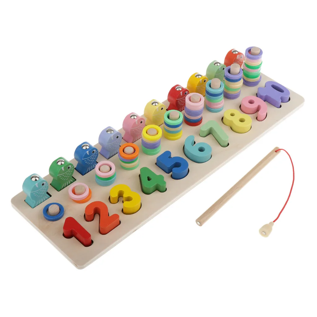 Montessori Wood Blocks Shape Sorter Number and Stacking Learning Educational Toys, Kids Children Fishing Toy