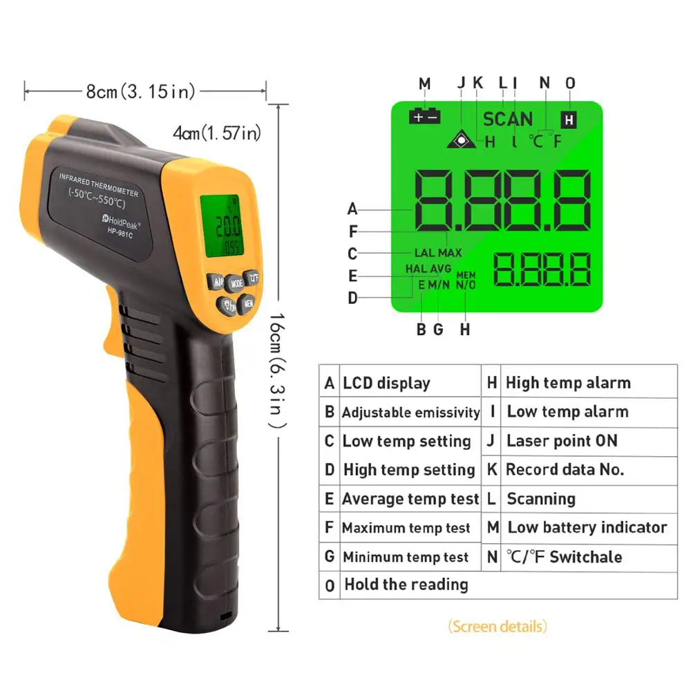 HoldPeak HP 981C 30 ~ 550'C/ 22 1022'F измеритель температуры Пистолет Бесконтактный ИК