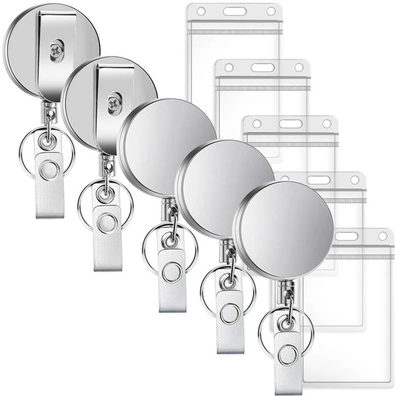 

5-Piece Metal Retractable Badge Reel with ID Card Holder Thickened Keychain with Keychain Belt Clip Transparent Horizontal Name