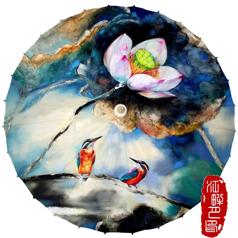 

JPY Deep Blue Color Lout Oil Paper Umbrella European Style Painting Paper Parasol Art Show Hanging Adult Paper Umbrella