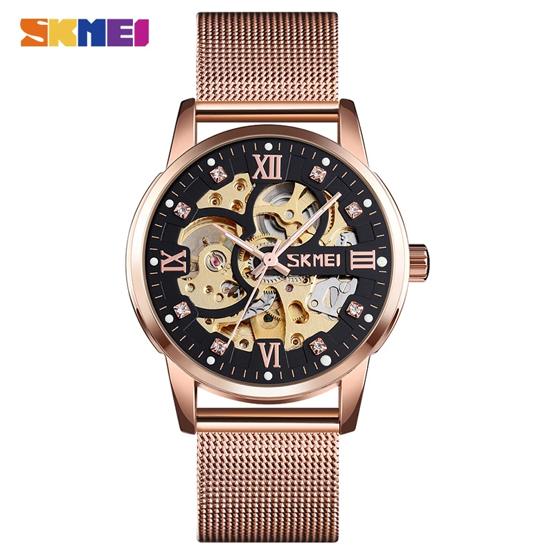 Rose Gold SKMEI Лидирующий бренд водонепроницаемые мужские часы со скелетом прозрачные мужские автоматические механические наручные часы Relogio Masculino 9199 - Цвет: Rose Gold