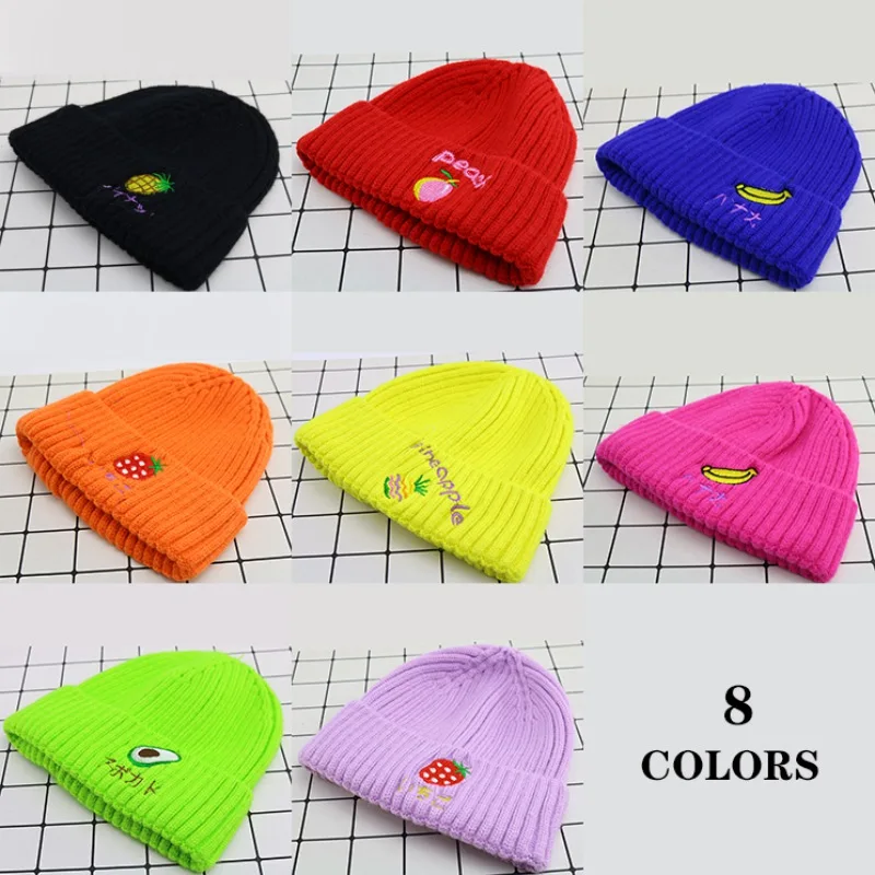 Girls Boys Baby Fruit Design Hats Knitted Wool Hemming Caps Winter Newborn Cute Warm Kids Cloths