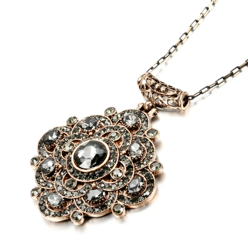 Винтажное ожерелье Kinel Boho для женщин, стразы, серое хрустальное ожерелье, большая подвеска, ожерелье, античное золото, массивные ювелирные изделия
