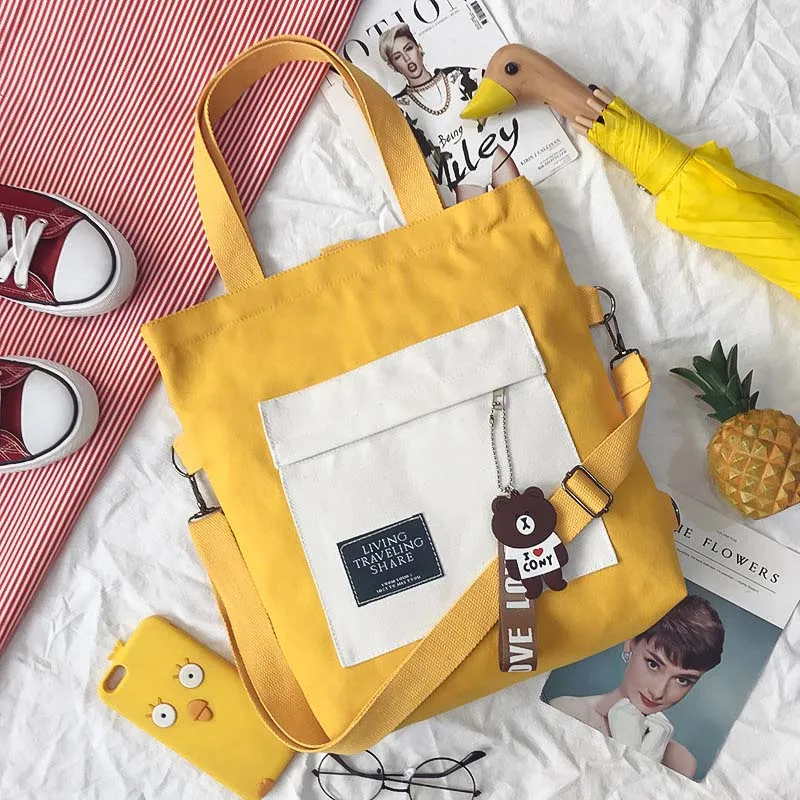 Декор Женская сумка для покупок корейский стиль через плечо холщовые сумки многофункциональная сумка для книг для девочек рюкзак - Цвет: Yellow with Bear