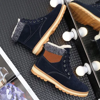 

2020 New Flat heel men boots plush Increase Shoes male Round head Solid Color Lace up fashion winter Botas Hombre Size 39-44