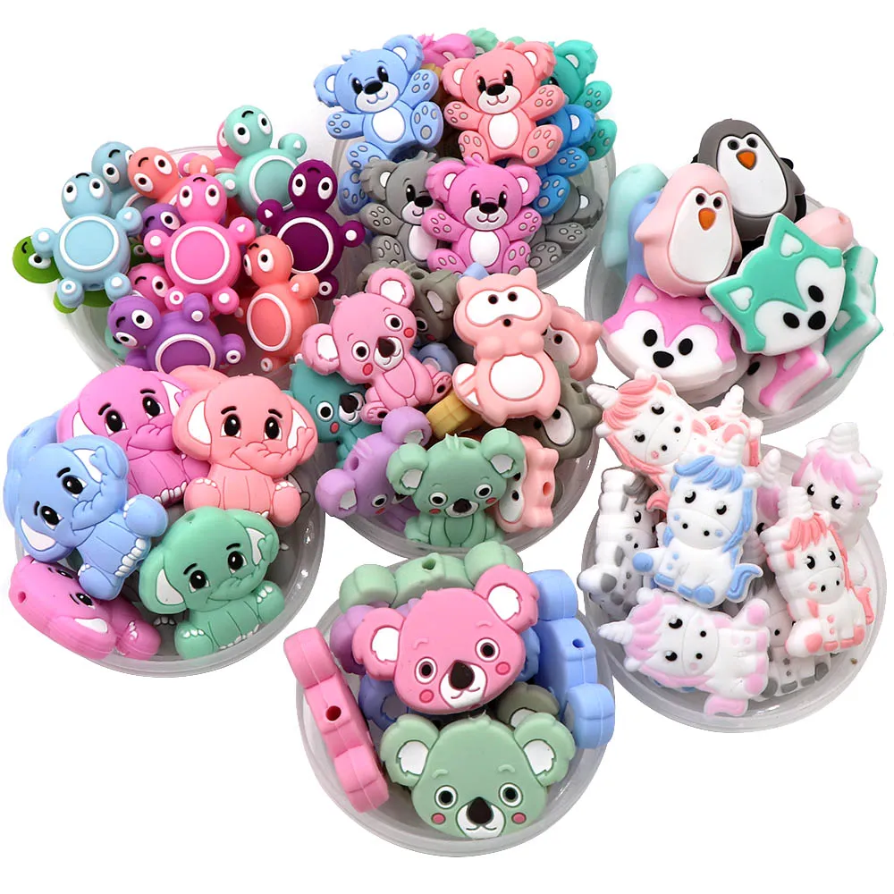 BOBO.BOX 10Pcs Silicone Beads Mini Koala Bear Turtle Penguin Elephant BPA Free Food Grade Pendants Teether Care Baby Molar Toys