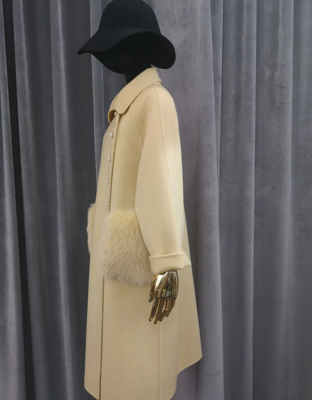 New Design Traditional Button Oblique Casaco Feminino Real Fox Fur Pockets Woman Coat Autumn Popular Outerwear Wool Coat
