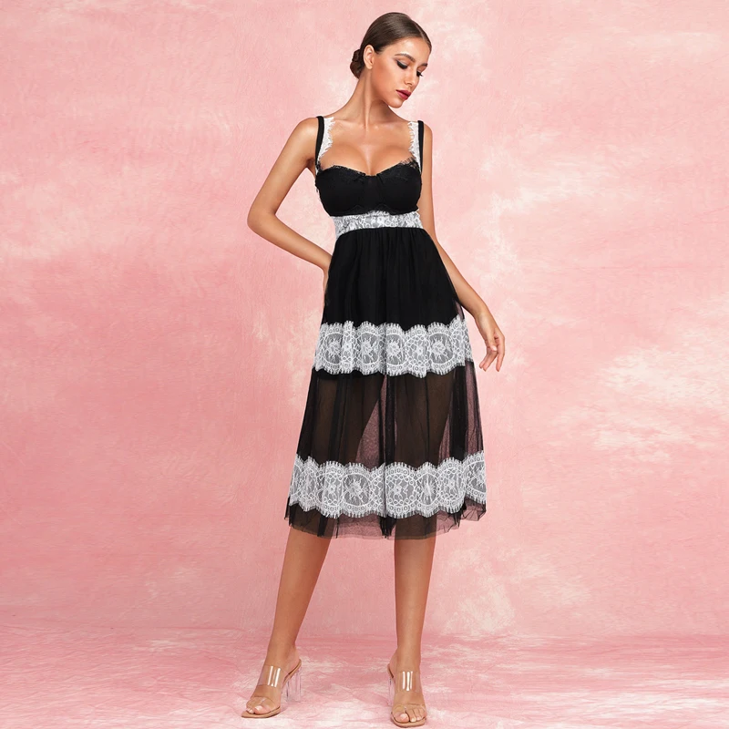 Bqueen, новинка, Vestidos, женское сексуальное платье без бретелек, без рукавов, кружевная, с цветочным рисунком, Сетчатое платье с повязкой, вечерние платья, Клубное летнее платье с оборками