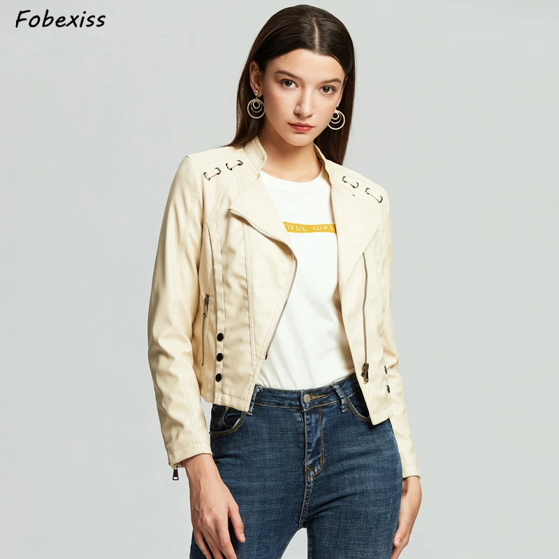 

Faux Leather Jacket Women Spring 2019 Black Color PU Leather Motorcycle Biker Short Jacket Mandarin Collar Zippers Slim Ladies