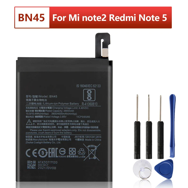 Tangzhi BN45 Batterie de rechange compatible avec Xiaomi Mi note2 Redmi Note 5 avec outils 