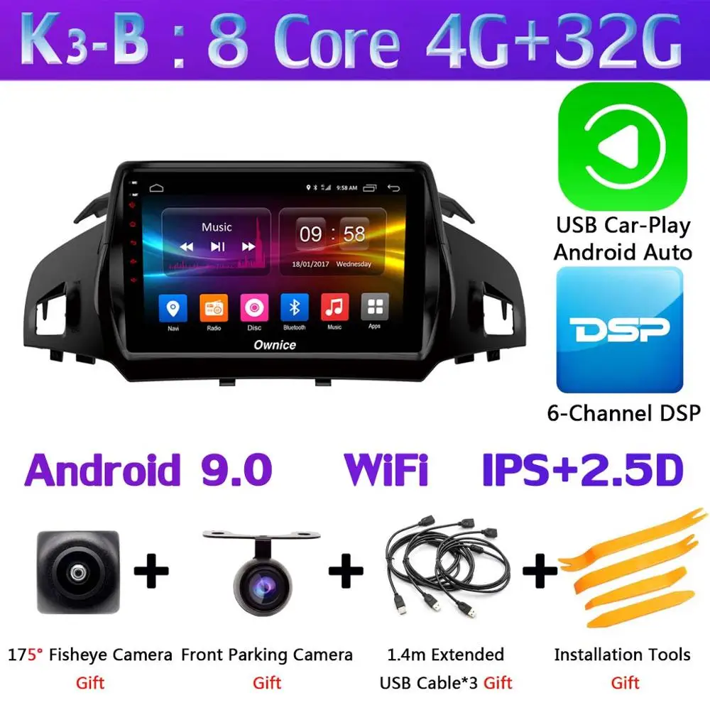K3-B-CarPlay 360 ° панорамная 4 × камера 4G LTE Android 9,0 4G+ 64G SPDIF DSP CarPlay автомобильный мультимедийный плеер для Ford Kuga 2013- C-Max gps радио - Цвет: K3-B-CarPlay