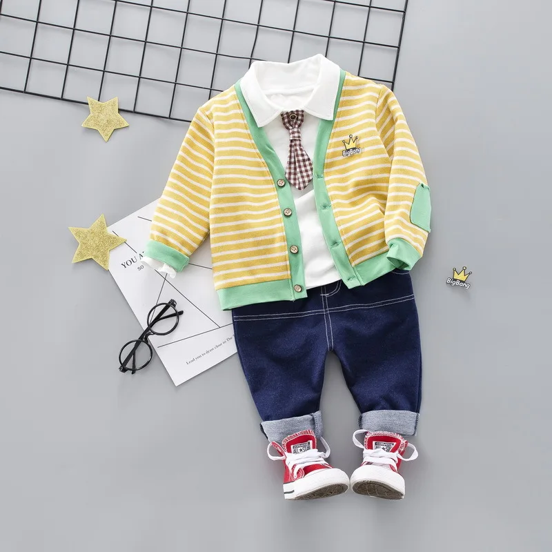 Одежда для детей осенне-зимняя одежда для маленьких мальчиков Повседневный Спортивный полосатый кардиган с длинными рукавами+ рубашка+ штаны, комплект одежды из 3 предметов - Цвет: Yellow