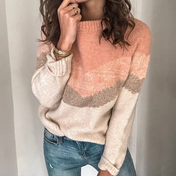 

Women Winter 2020 Knitted Clothes Fashion Women Patchwork Knit Warm Sweater