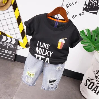 

2PCS WLG Boys Outfits Kids Summer Black Letter T Shirt and Denim Blue Holes Short Set Baby Boy Casual Clothes 2-6 Years