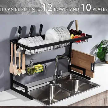 

Black/White 65/85cm Stainless Steel Kitchen Dish Rack U Shape Sink Drain Rack Two layers Kitchen Organizer Shelf Storage Holder
