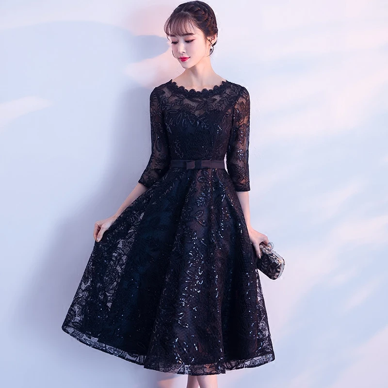 Ladybeauty/Новое поступление, короткое черное кружевное платье с вышивкой для выпускного вечера, элегантные вечерние платья длиной до середины икры для девочек