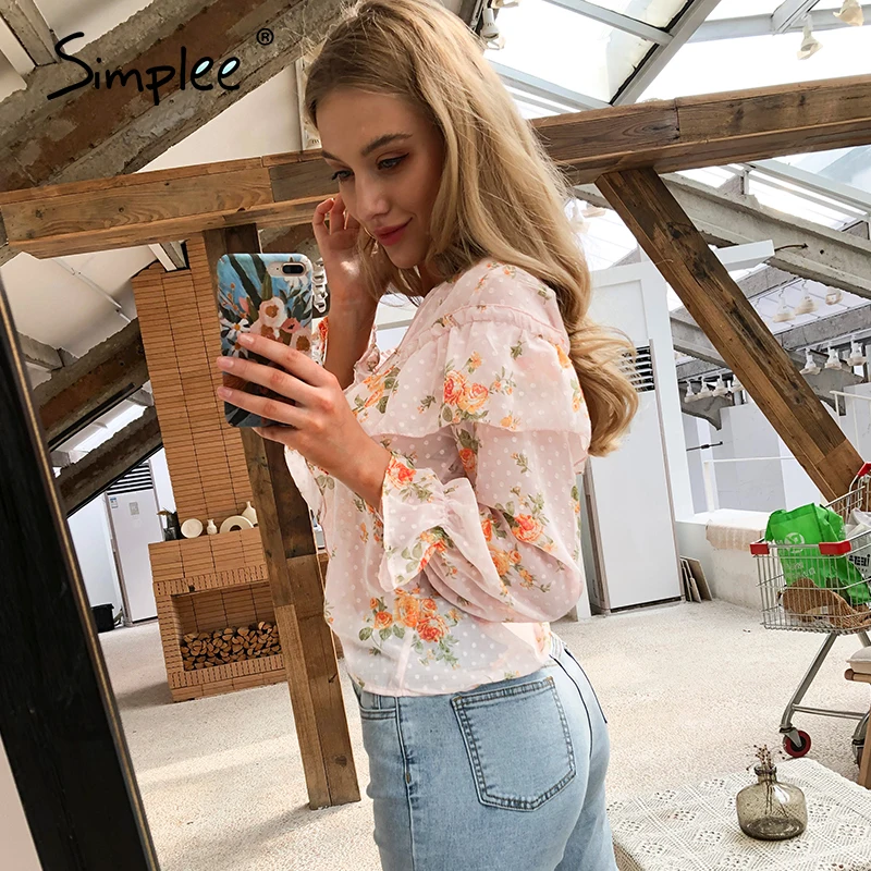 Женская винтажная блузка с цветочным принтом v образным вырезом и оборками