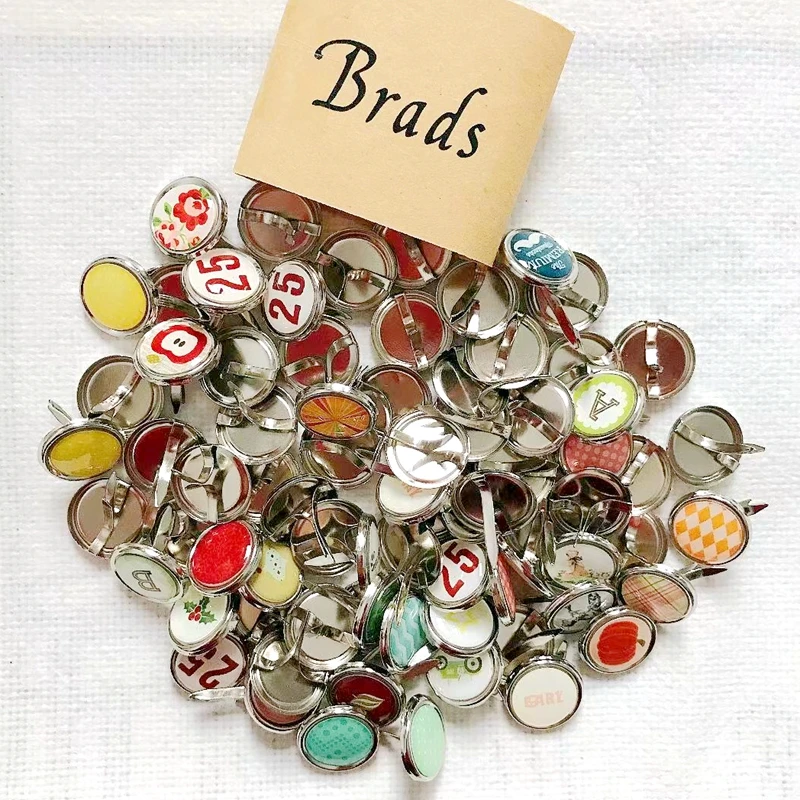 50Pcs 15MM Mix Pattern Epoxy Brads Scrapbooking Material Metal Round Stud Embellishment DIY