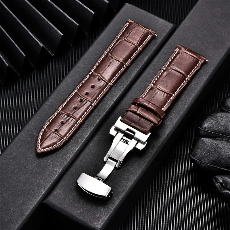 Premium Genuine Leather Watchband with Butterfly Buckle - Elegant Men's Strap Accessory