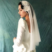 Женская свадебная вуаль для невесты, 2 слоя, цвет слоновой кости, тюль, длина до локтя, с цветами, из бисера, женская вуаль, свадебная иллюзия, винтажные аксессуары для головы(заколки