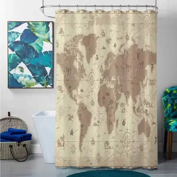 

Shower Curtains Yellow and Gray Map,Aged Retro Styled Map of The World with Mountains Fantasy Monsters and Compass, Sepia Pale