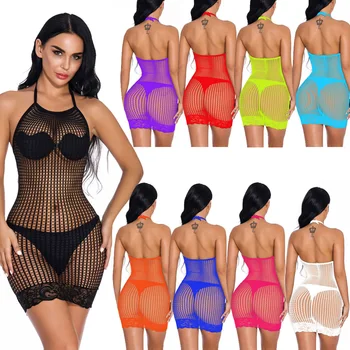 

Lace Trim Halter Backless Table Dance Crotchet Fishnet Dress Chemise Backless Babydoll Lingerie Sleepwear Bodycon Dress Costumes