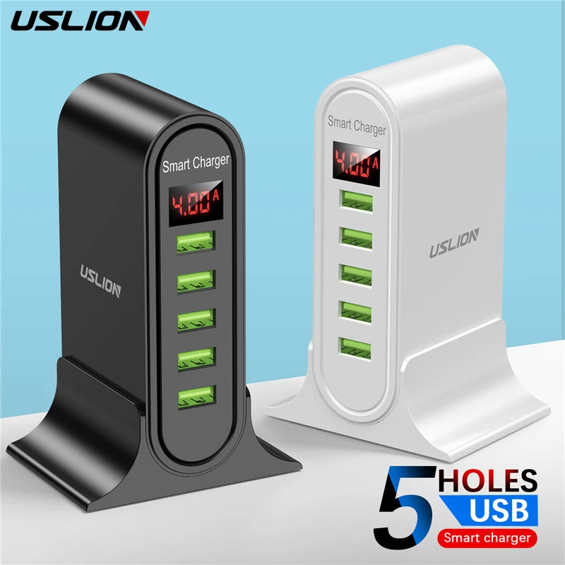 USLION 5 Port USB Charger For Xiaomi LED Display Multi USB Charging Station Universal Phone Desktop Wall Home EU US UK Plug|Mobile Phone Chargers| - AliExpress
