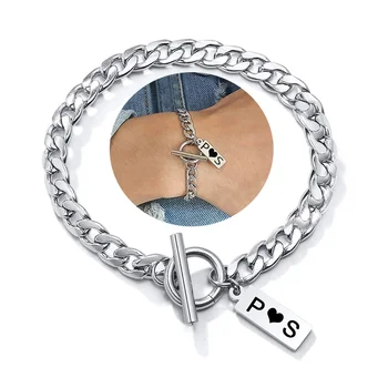 

Men Cuban Chain Bracelet Stainless Steel Chain Charm Bangles With Custom Letter Square Tags Jewelry Personality Gift