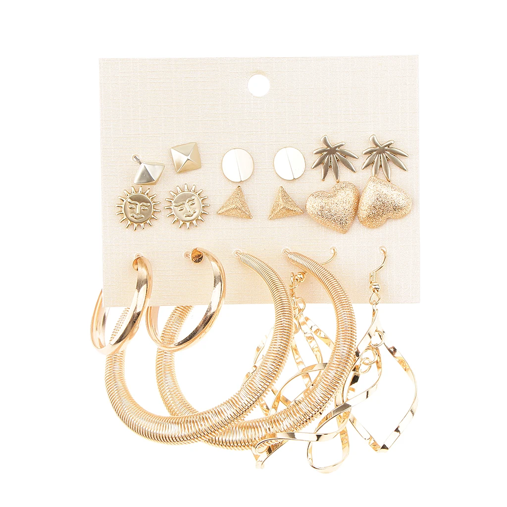 9 Pairs Multi Style Stud Geometric Sun Heart Leaf Loop Earrings Sets Mixed Gold Tone Bohemian Earring