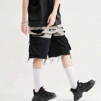 

Rosetic Couple Casual Cargo Pants 2020 Women Streetwear Ripped High Waist Gothic Pockets Short Trousers Summer Patchwork Loose