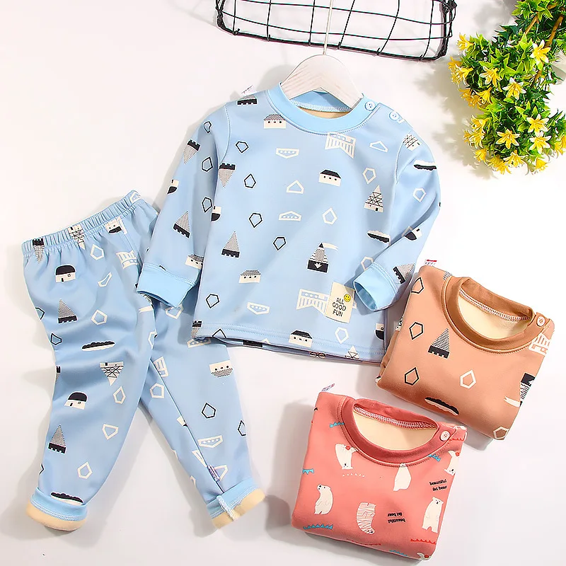 

2Pcs/set Children's Thermal Underwear Boys And Girls Plus Velvet Winter thicken Warm Clothes Kids Warm Underwear Baby Pajamas