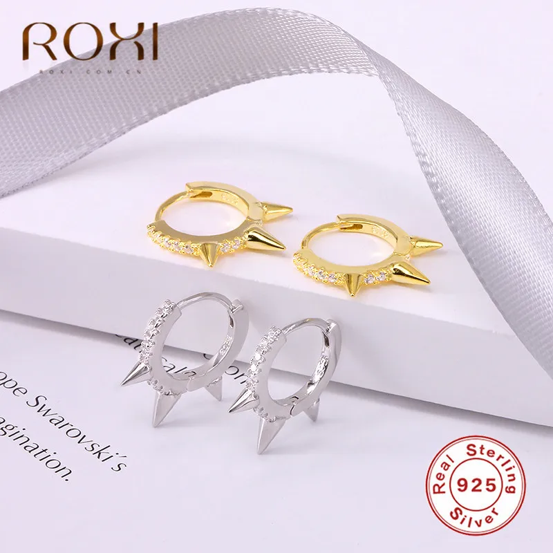 ROXI, 925 пробы, серебряные, в стиле панк, с заклепками, маленькие открытые серьги-кольца, кубический цирконий, серьги с шипами для женщин, модные ювелирные изделия, подарки