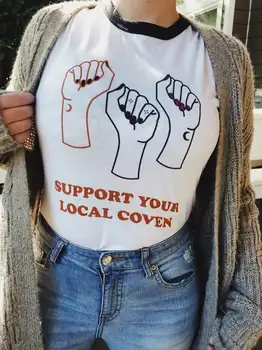 

Support Your Local Coven Ringer Feminist Vintage Tshirt Plus Size Casual Tees 70s 80s Inspired Harajuku Tops Women Funny T shirt