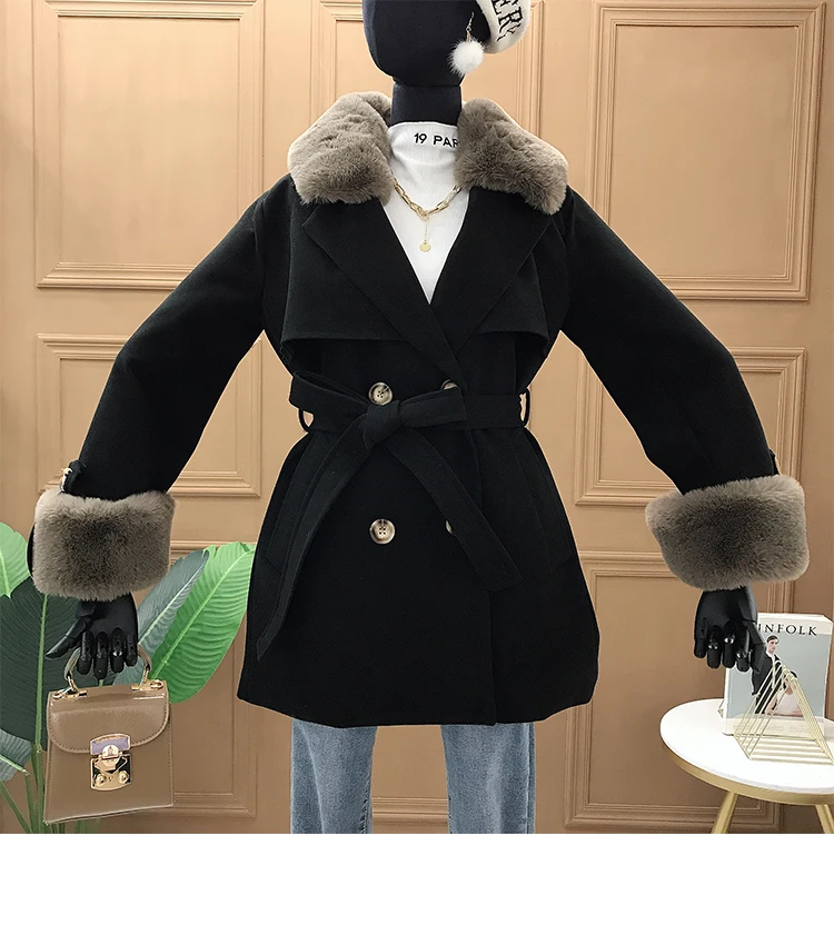 Зимнее шерстяное Женское пальто корейское модное отстегивающееся мягкое шерстяное двубортное Стеганое пальто с меховым воротником теплое Женское пальто