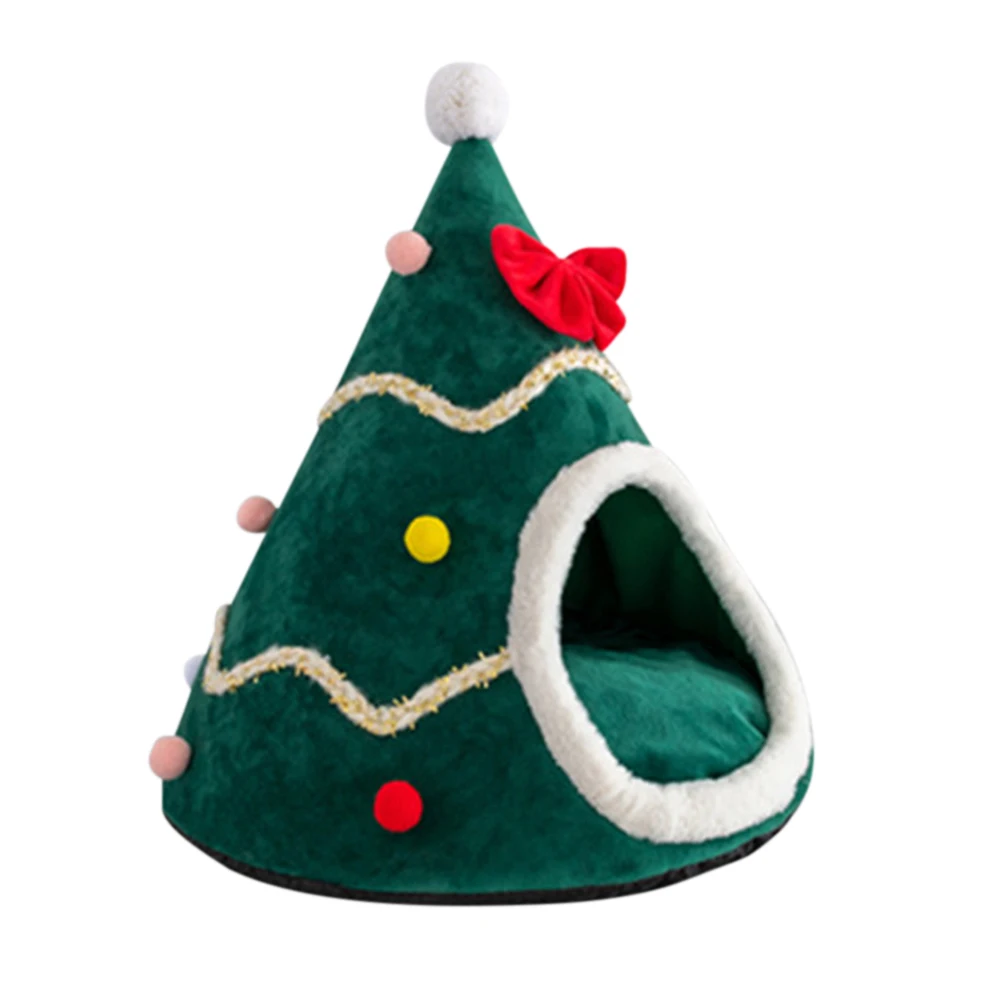 Christmas Tree Shape Dog Cat Bed House Home Warm Sleeping Bed Half Closed Soft Winter Nest Bed Cage Christmas Decoration