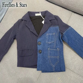 

Spring Autumn Girls Denim Jacket For Baby Coat Kids Streetwear Clothes Fashion Irregular Patch Striped Suit Pocket 3 To 6 Yrs