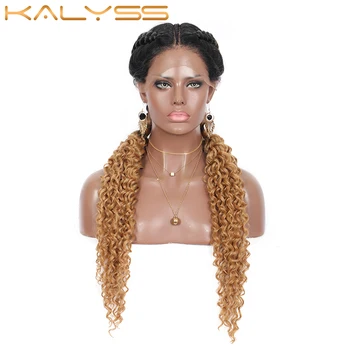

Kaylss 28 Inches Hand Braid Wigs for Black Women Synthetic Lace Front Dutch Twins Braid Wigs Middle Parted Bohemian Curly Ends
