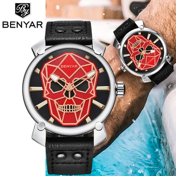 

BENYAR New Gold Skull Simple Watch Mens Top Brand Luxury Fashion Leather Quartz Wristwatch Men Military Clock Relogio Masculino