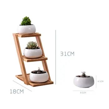 

Ceramic Small Round Succulent Plant Flower Pot Planters With Bamboo Stand Holder